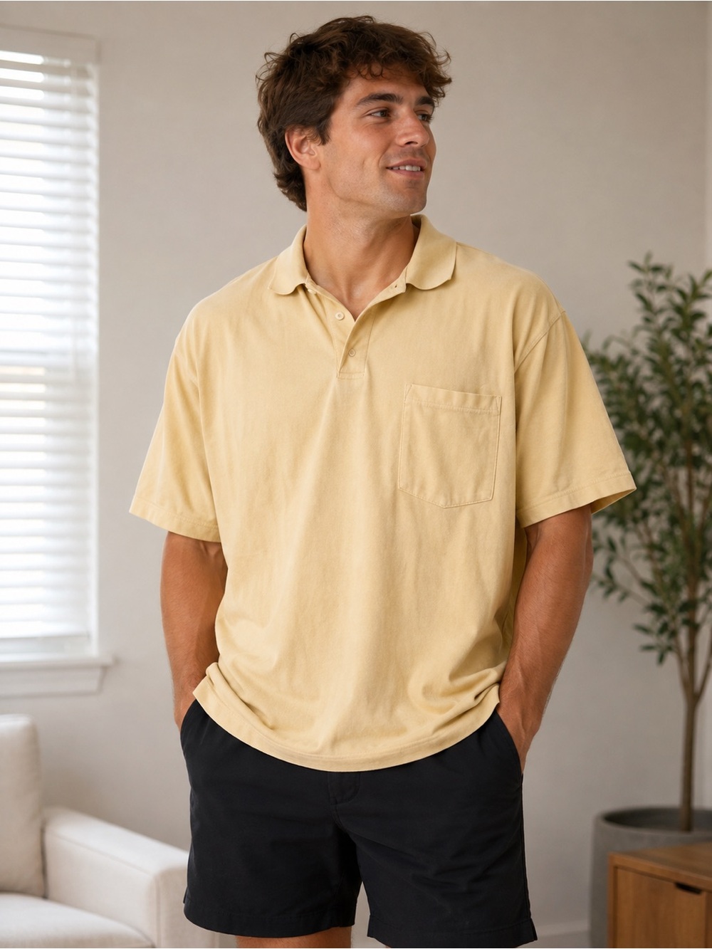 Vintage L.L. Bean Men's Pale Yellow Pocket Polo